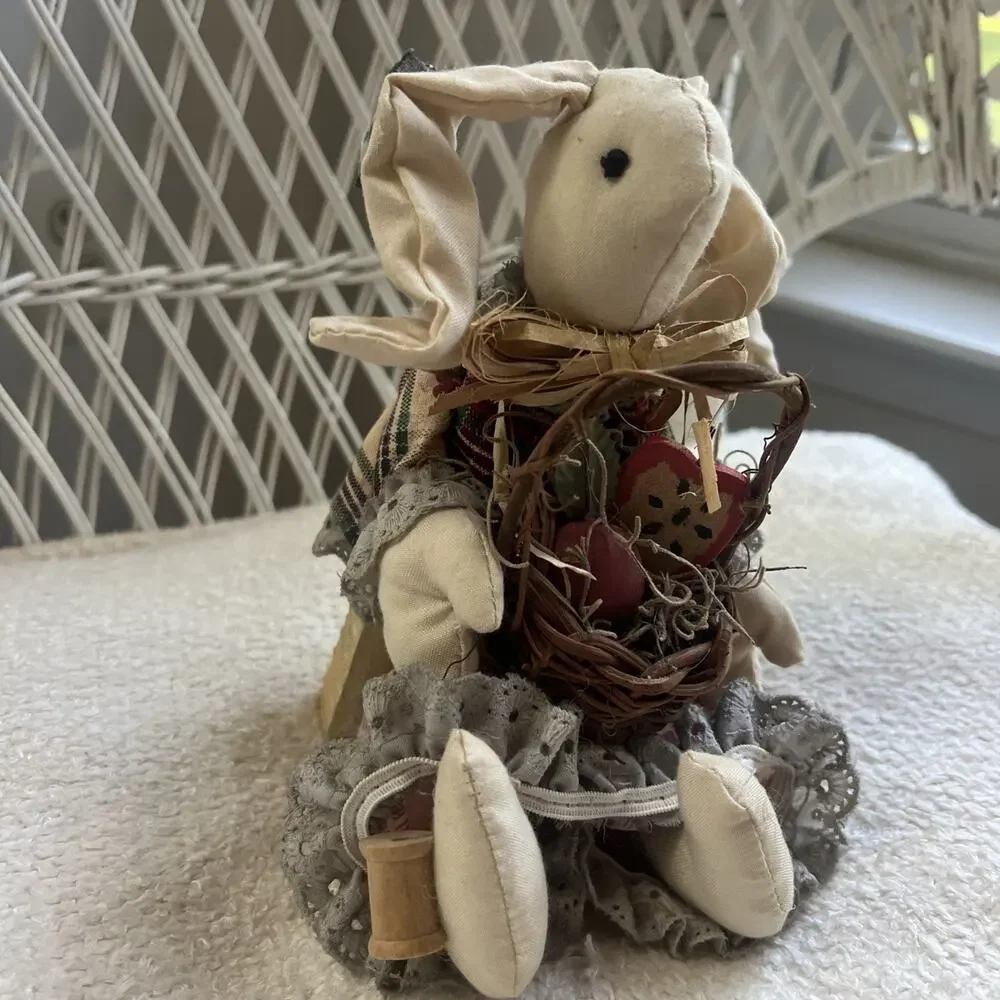 Vtg Primitive Fabric Bunny Doll Wood Block Base Sitter Country Folk Art 8”